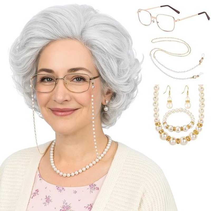 Bettecos Old Lady Wig Costume Set for Women Short Curly Grandma Wig and Glasses Silver White Granny Wigs for Old Woman Cosplay Halloween Party (Silver White/Old Lady)