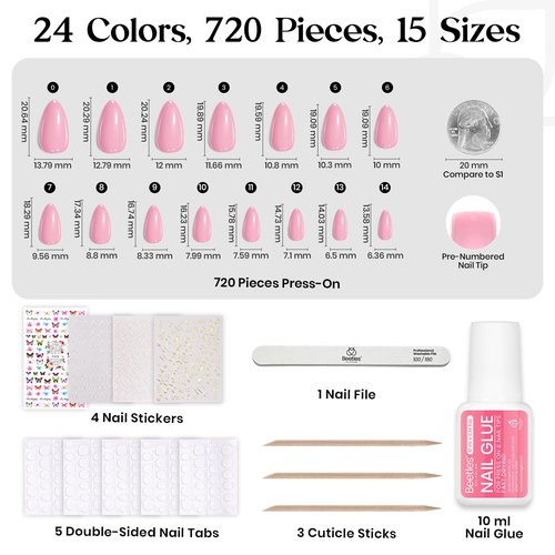 Beetles Press on Nails Kit 720Pcs 24 Colors, Short Almond Press on Nails Glossy Matte Glitter With Nail Glue & Nail Tabs Stickers, Natural Fit Lightweight Fake Nails Kit Art For Women Girls