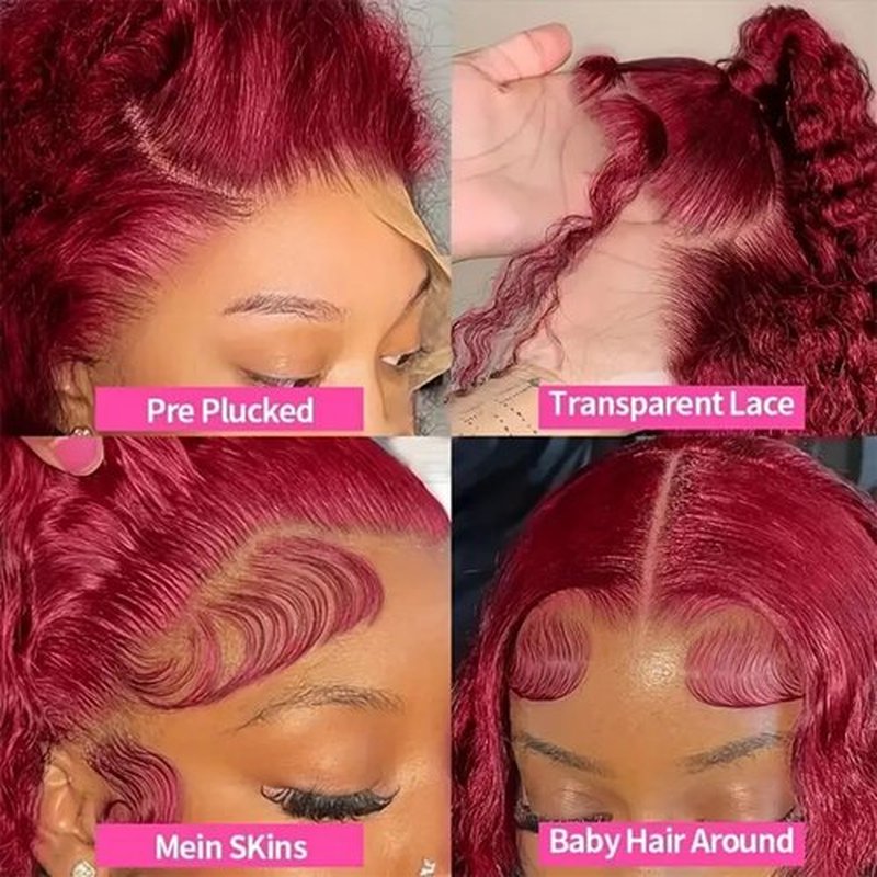 KRKRYQ 22 Inch 99J Burgundy Deep Wave Lace Front Wigs Human Hair 200% Density 13x6 Lace Front Wigs Human Hair Glueless HD Lace Frontal Wigs for Women