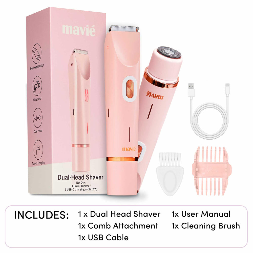 MAVIÉ Dual Head Bikini Trimmer for Women, Electric Razor for Face & Body, Painless Hair Removal Tool, Precision & Body Shaving Heads, Cordless Rechargeable, Portable Grooming Device (Pink)