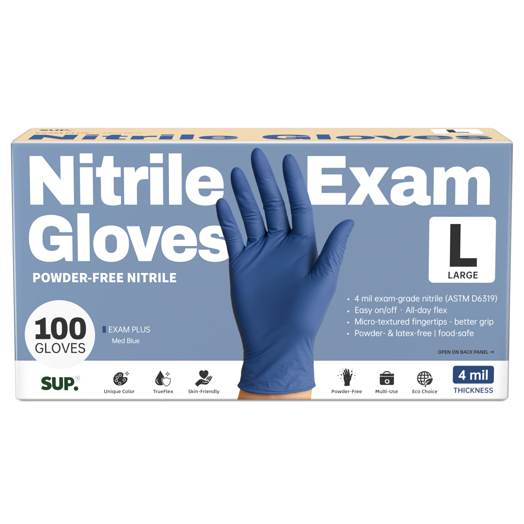 SUP Powder-Free Nitrile Exam Gloves, 100 Count, Food Safe Latex-Free Medical Non-Sterile Cooking Disposable Glove, Blue (Large)