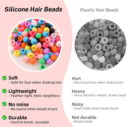 150Pcs 10mm Small Silicone Beads for Hair Braids, Soft Jellyish Pony Hair Beads with 5mm Hole + 50 Rubber Bands and 1 Beader for Braiding, DIY Bracelets Necklaces Crafts (Multicolors)