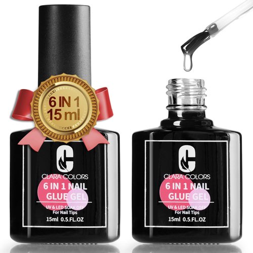 Clara Colors 2PCS 15ml Gel Nail Glue, 6 in 1 Nail Glue Gel for Acrylic Nails, Press on Nails, Super Strong UV Gel Glue for Nail Extensions/Nail Glue/Base Gel/Bloom Gel/Adhesive Bond/Strengthen Gel