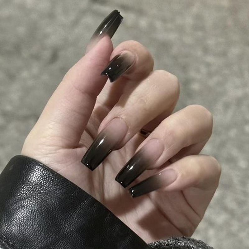 MISUD Press on Nails - Long Coffin Glue on Nails with Goth Black, Acrylic Gothic Ombre Design 24 pcs