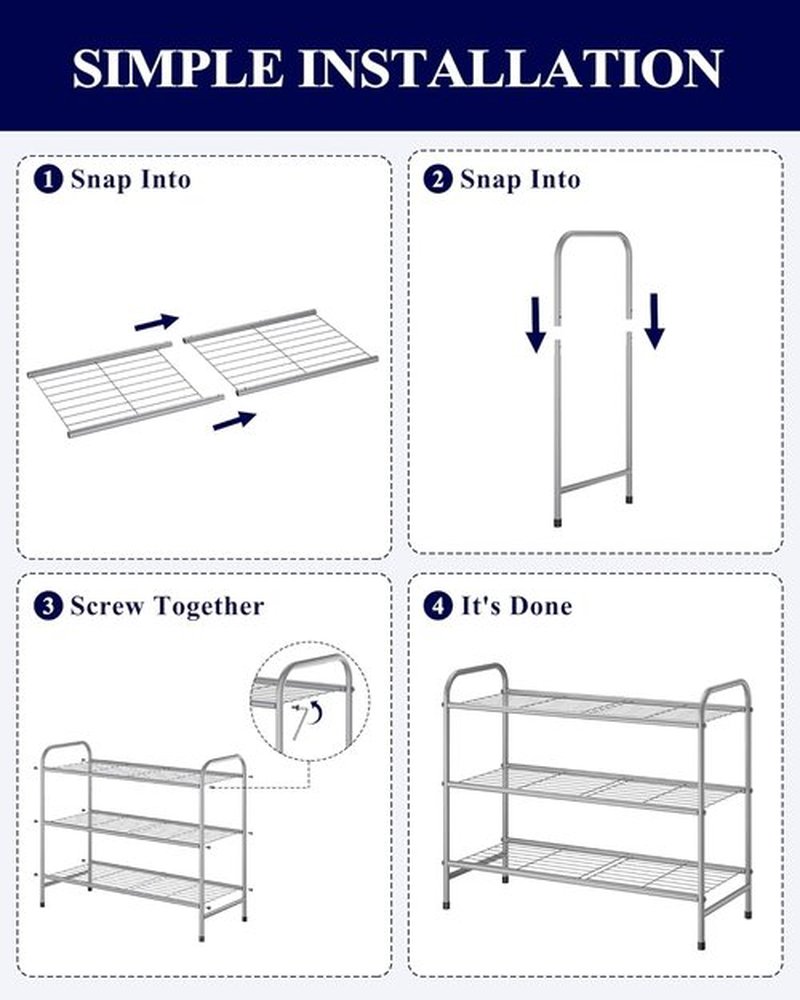 Kitsure Shoe Rack - Sturdy Stainless Steel Organizer for Closet & Entrance | 3-Tier, 25.6" Wide, Grey