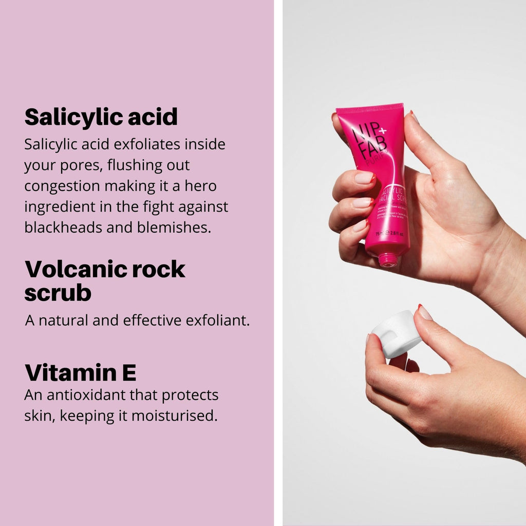 Nip + Fab Salicylic Acid Fix Scrub for Face with Vitamin E & Volcanic Rock Exfoliating Facial Cleanser Exfoliant for Pores and Oil Control, 2.5 Fl Oz