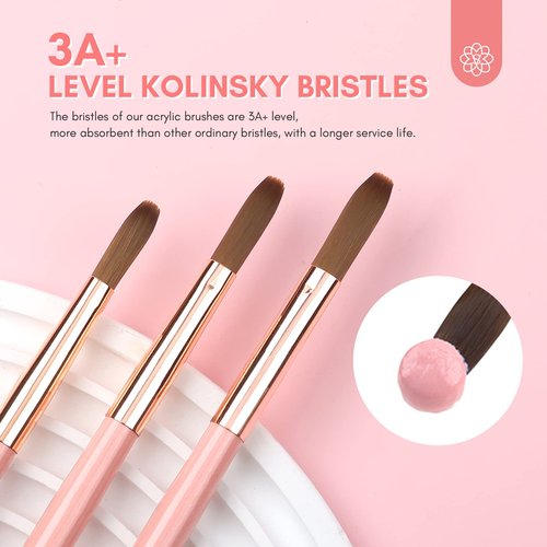 SAVILAND 3PCS Acrylic Nail Brush Set: Size 8/10/14 Kolinsky Acrylic Nail Brushes for Application, Pink Handle Professional Acrylics Powder Brushes for Nails Extension & 3D Nails Carving