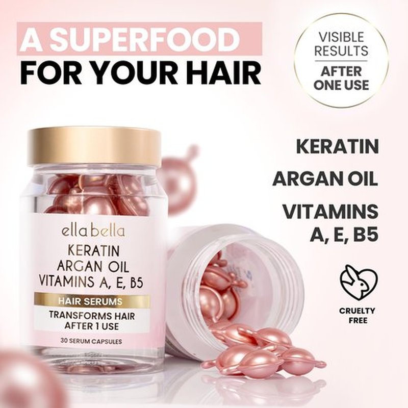 ELLA BELLA® Keratin Hair Serum with Argan Oil & Vitamins A, E, B5 – Anti-Frizz Hair Treatment & Night Repair – Hair Vitamins for Women for Smooth, Shiny, Frizz-Free Hair