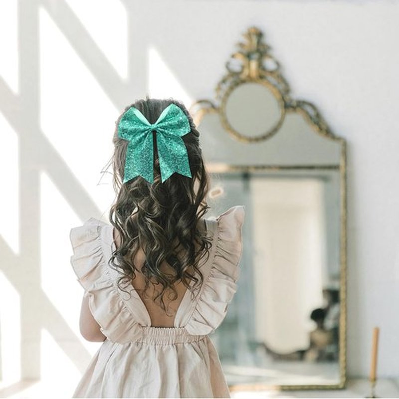 JOYOYO Aqua Glitter Cheerleader Bow Clips, 7.5 Inch Large Hair Bow, Ponytail Holder Hair Accessories for Girls, Women Teens for Cheerleading, Dance, Party