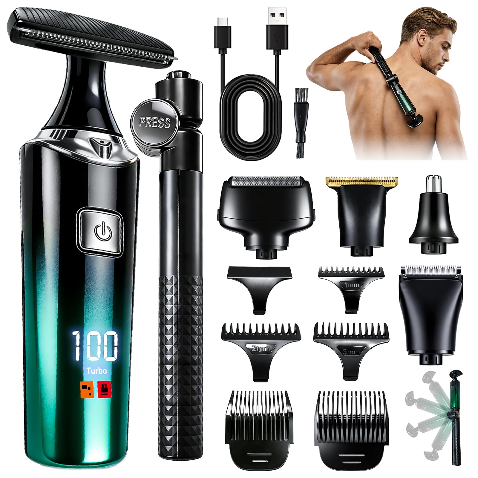 Back Shaver for Men, 5 in 1 Men Back Shaver with Long Handle, Green