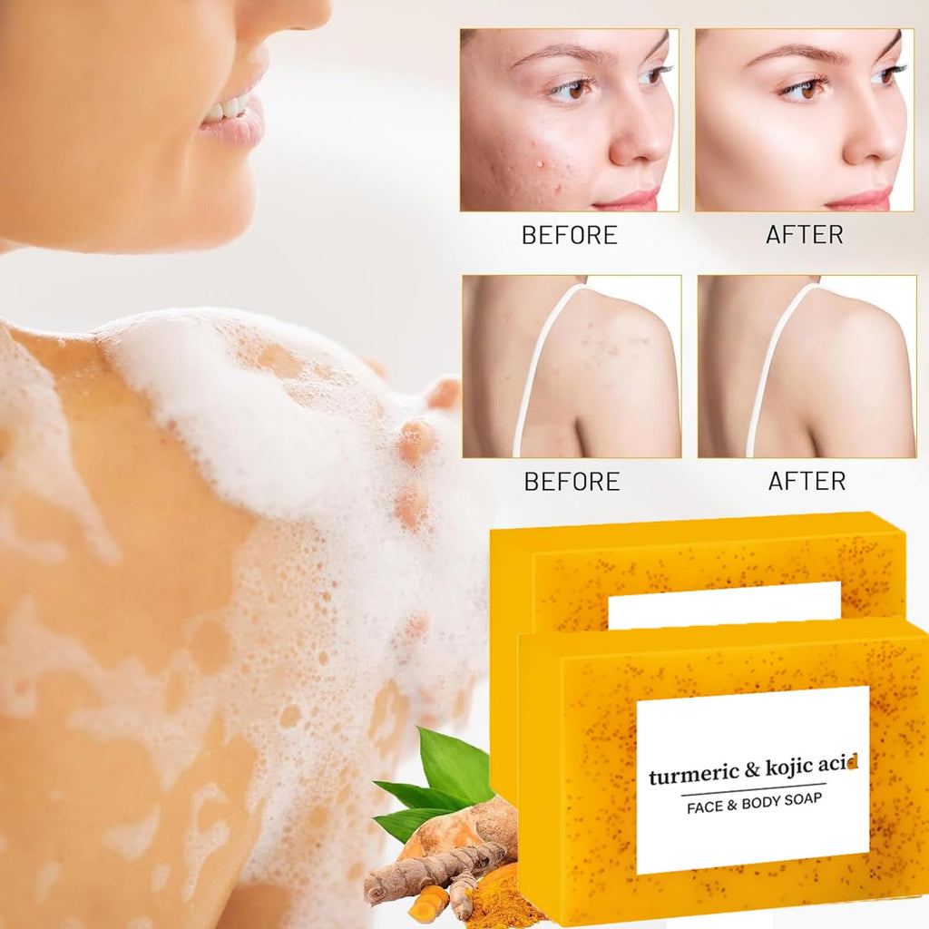Turmeric Wash and Care Three Piece Set, Tuemeric Facial Cleanser With Brush, Turmeric Face Scrub Pads, Turmeric Soap Bar, Soap Foaming Net, Deep Cleansing Set for for Face and Body