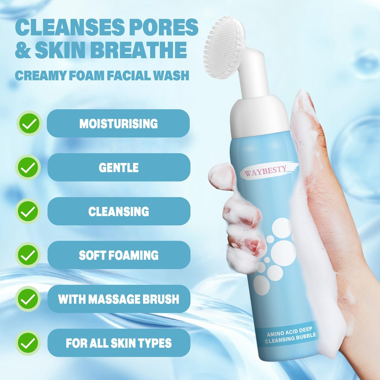 Waybesty Face Wash, Foaming Facial Cleanser, Turmeric Face Wash, Face Cleanser with Brush, Gentle Facial Wash for All Skin, Non-Irritating Pore Facial Cleanser for Women, Oil Control, 130ml
