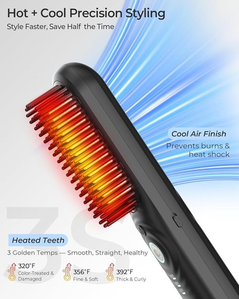 Skiennix Cordless Hair Straightener Brush - Portable Mini Travel Design for Thick Curly Hair | Cool Air & 350M Negative Ions for Frizz-Free Styling