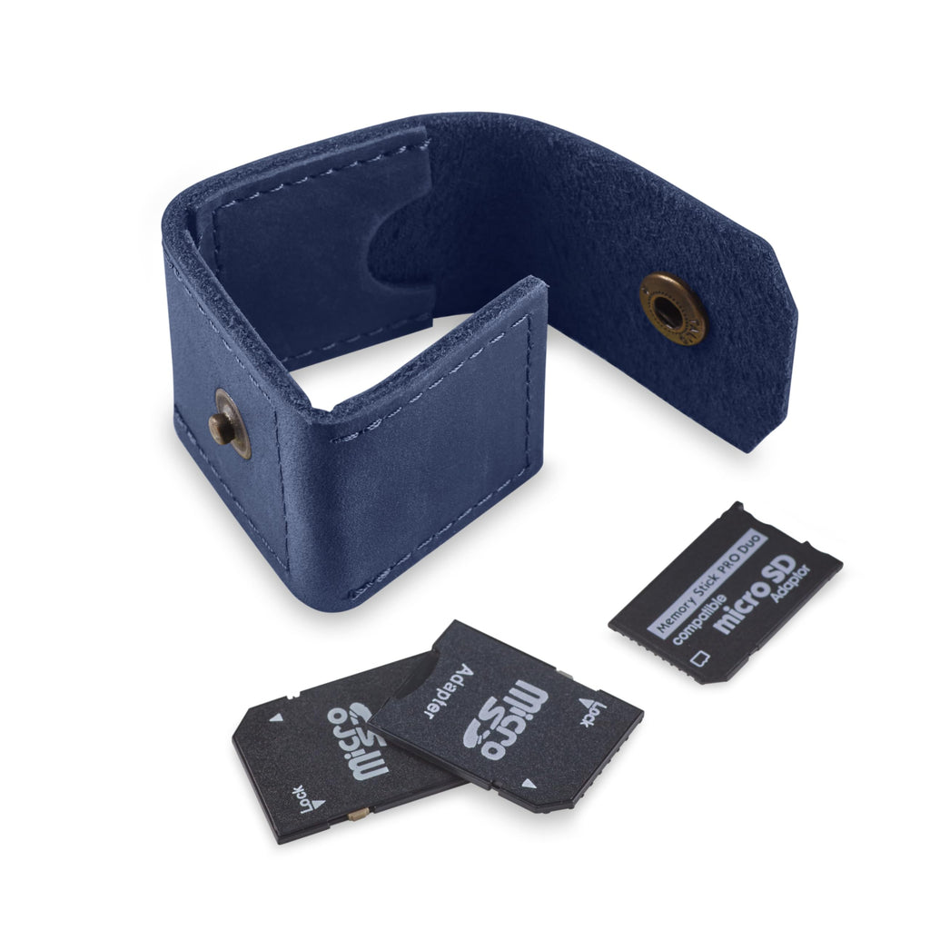 Leather SD Card Holder Keychain, SD Card Case Key Fob, Micro SD Card Holder Organizer, SD Card Storage Case, Memory Card Case Cover, Travel Memory Card Case (Blue)