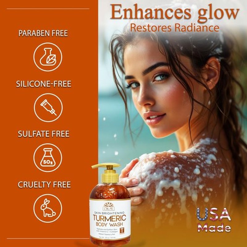 OKAY Turmeric Body Wash - Skin Brightening Cleanser with Vitamin C & Collagen | 20 oz for Even Tone