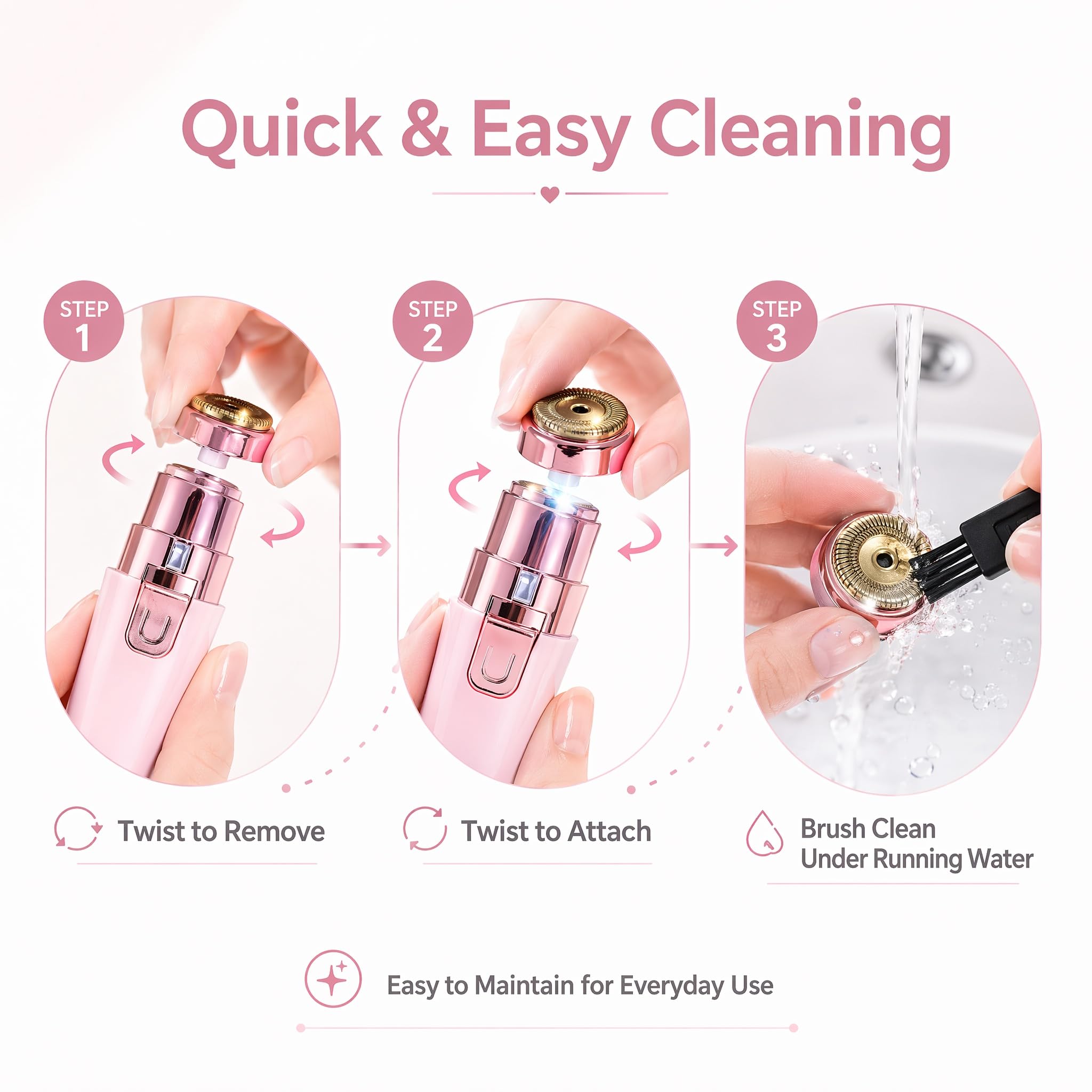 Facial Hair Remover for Women - Pink USB Rechargeable Eyebrow Trimmer & Face Shaver with LED Light, 2-in-1 Hair Removal Device for Smooth Skin