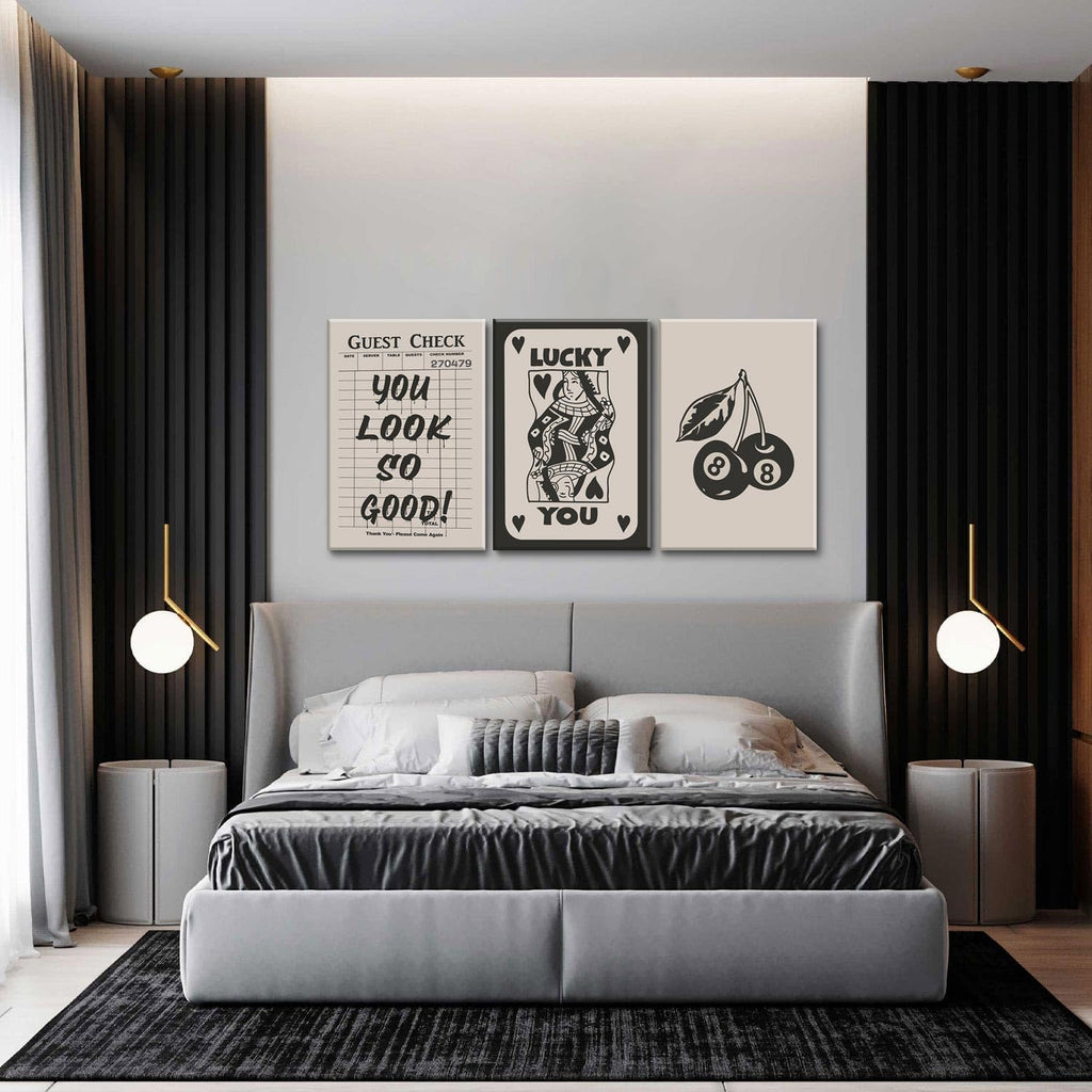 Fashion Poker Framed Canvas Wall Art Set of 3 - Vintage Queen & Lucky You Poster Prints | Aesthetic Black Art for Bedroom & Living Room - 12x16''
