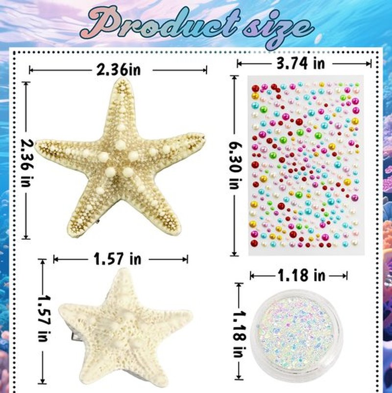 Mermaid Costume Accessories Women - 4PCS Starfish Hair Clip, Mermaid Face Glitter and Pearl Stickers, Halloween Hair Clips for Princess Outfit Cosplay
