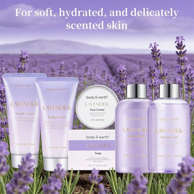 BODY & EARTH Bath and Body Gift Set - 6 Pcs Lavender Bath Kit for Women Spa Set, Perfect Birthday, Mother's Day Gift Set for Women Includes Bubble Bath, Shower Gel, Body Lotion