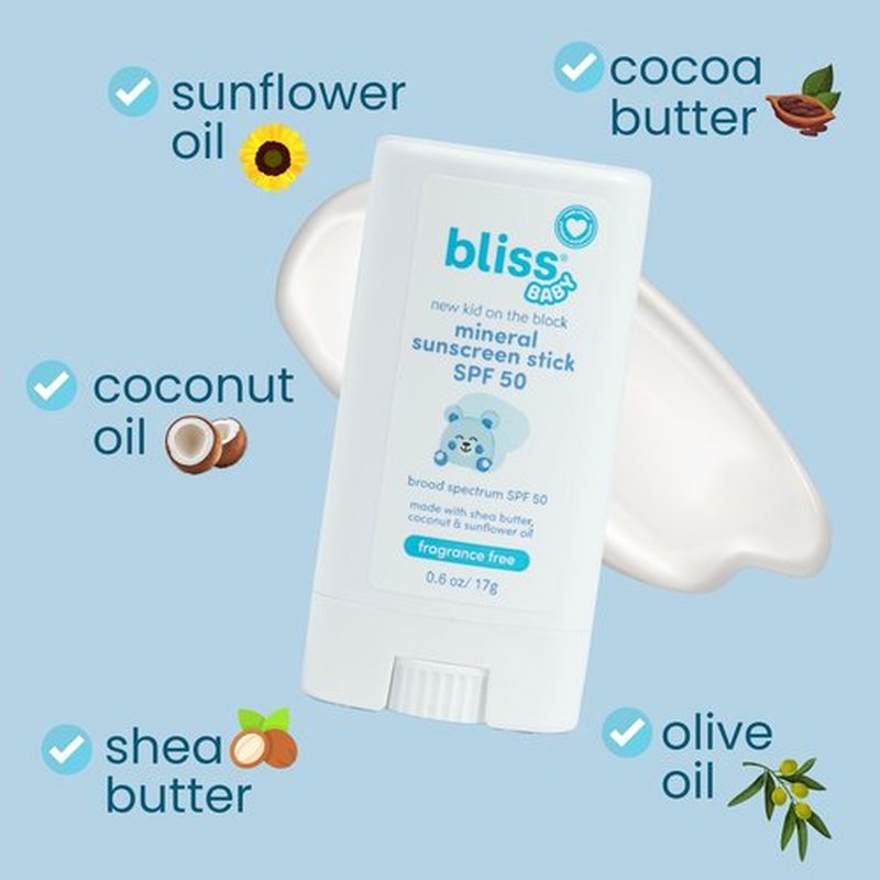 Bliss Baby Mineral Face Sunscreen Stick, SPF 50, Natural Zinc Oxide, Unscented, Hypoallergenic & Dermat Tested, Water-Resistant, Vegan, Sensitive Skin - For Toddlers, Babies, Kids & Whole Family