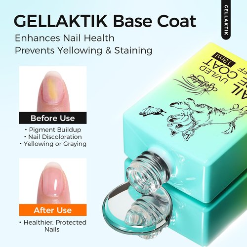 GELLAKTIK 2 Pcs 18ml Gel Base Coat and Glossy Top Coat Set No Wipe Foundation Combination for Long Lasting Shine, Perfect Manicure Gift Set for Women, DIY Nail Art, UV Light Cure