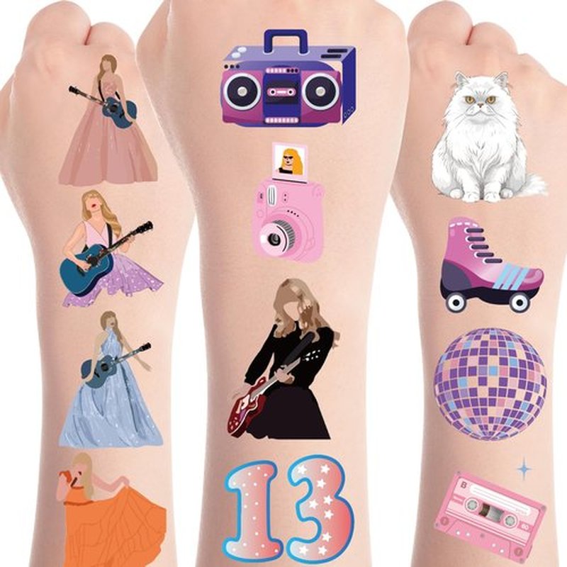 Papiailove Singer Music Glitter Temporary Tattoos for Women Girls Fans, Birthday Party Favors Goodie Bag Fillers Supplies, Number 13 Hand Face Body Arm Tattoo Stickers Decorations Gifts (6 Sheets)