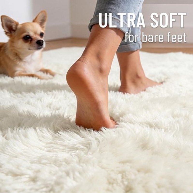 OLANLY Area Rug - Soft Fluffy Shaggy Design for Living Room & Bedroom | Machine Washable Ivory Carpet