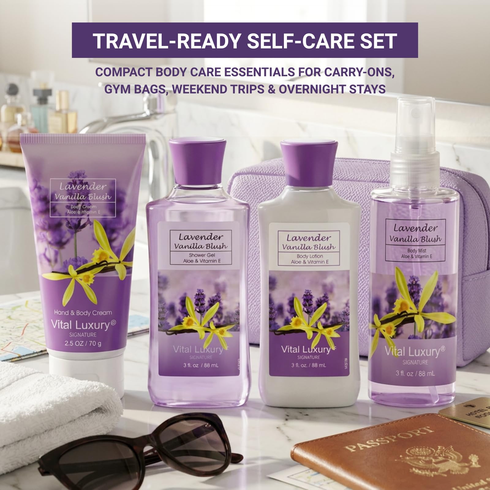 Bath and Body Spa Gift Set for Women, 4PC Lavender Vanilla Blush Self Care Travel Kit - Shower Gel, Lotion, Hand and Body Cream, & Body Mist, 3 Fl Oz Each, Pamper Gift for Mom Wife Girlfriend Sister