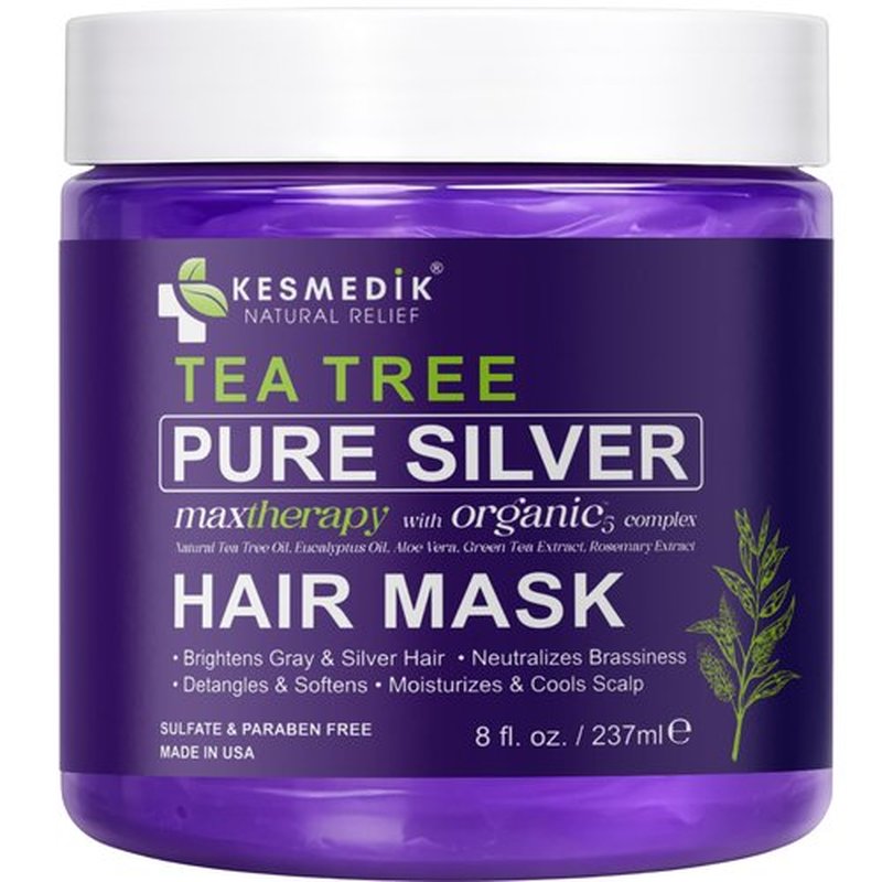 KESMEDIK Tea Tree Purple Hair Mask Toner with Argan Oil, Deep Conditioner for Dry Damaged Bleached, Blonde White & Gray Hair, Relieves Itchy Scalp, Removes Brassy & Yellow Tones