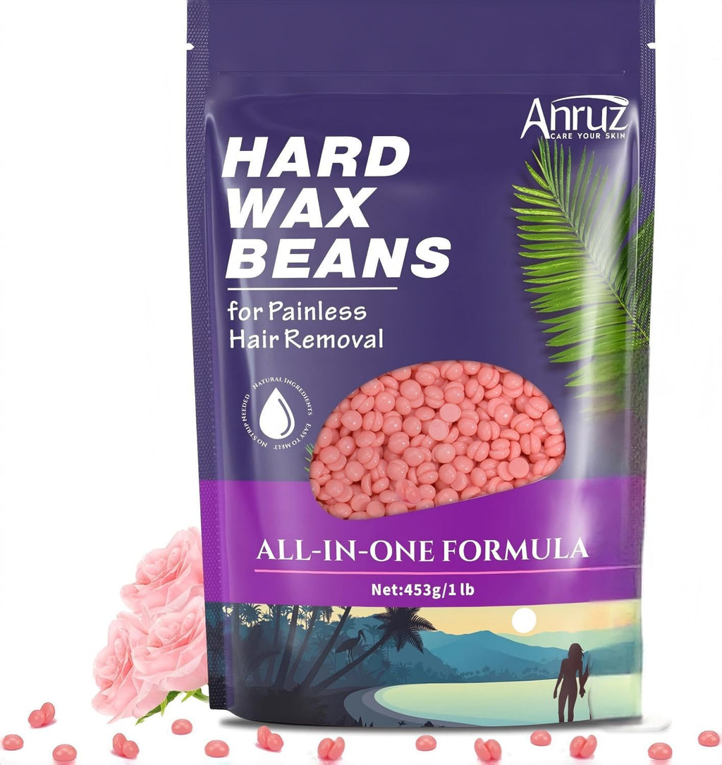 Anruz Hard Pink Wax Beads (1lb) - Professional Hair Removal for Brazilian Bikini, Legs, Underarms, Chest - Home Waxing for Any Warmer