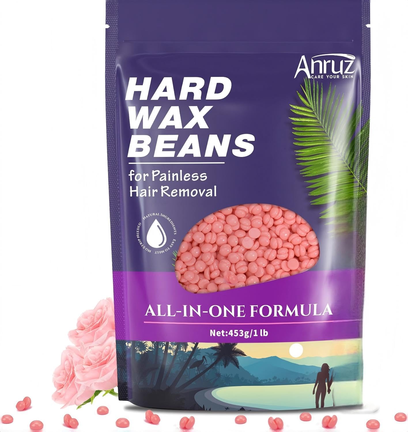 Anruz Hard Pink Wax Beads (1lb) - Professional Hair Removal for Brazilian Bikini, Legs, Underarms, Chest - Home Waxing for Any Warmer
