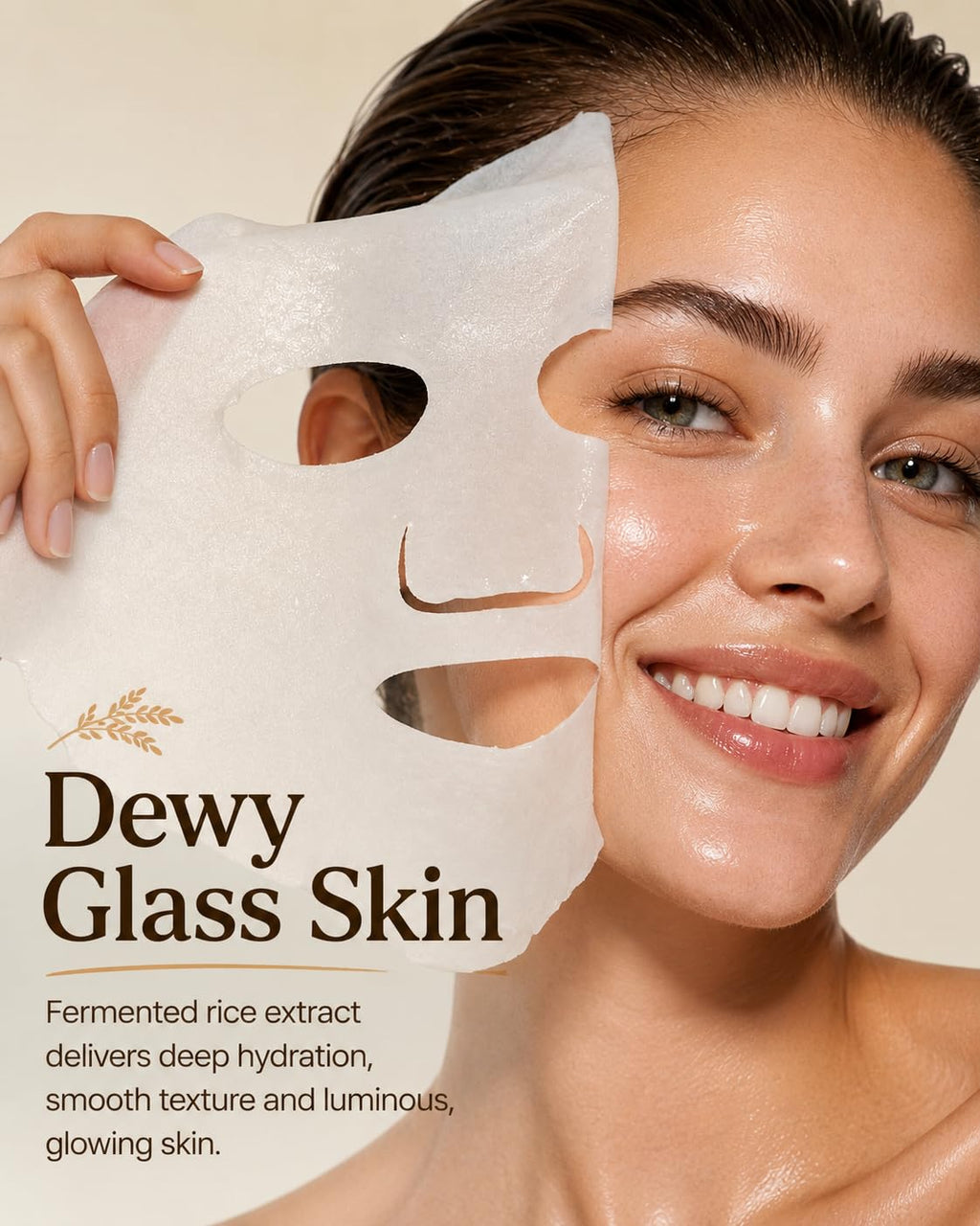 Wokatta Rice Face Mask Glass Skin, Fermented Rice Sheet Mask Pack of 5 for Radiant & Nourishing, Soothing, Smooth, Hydrating Face Masks for Dry Sensitive Skin, Gentle, Vegan Face Masks Skincare