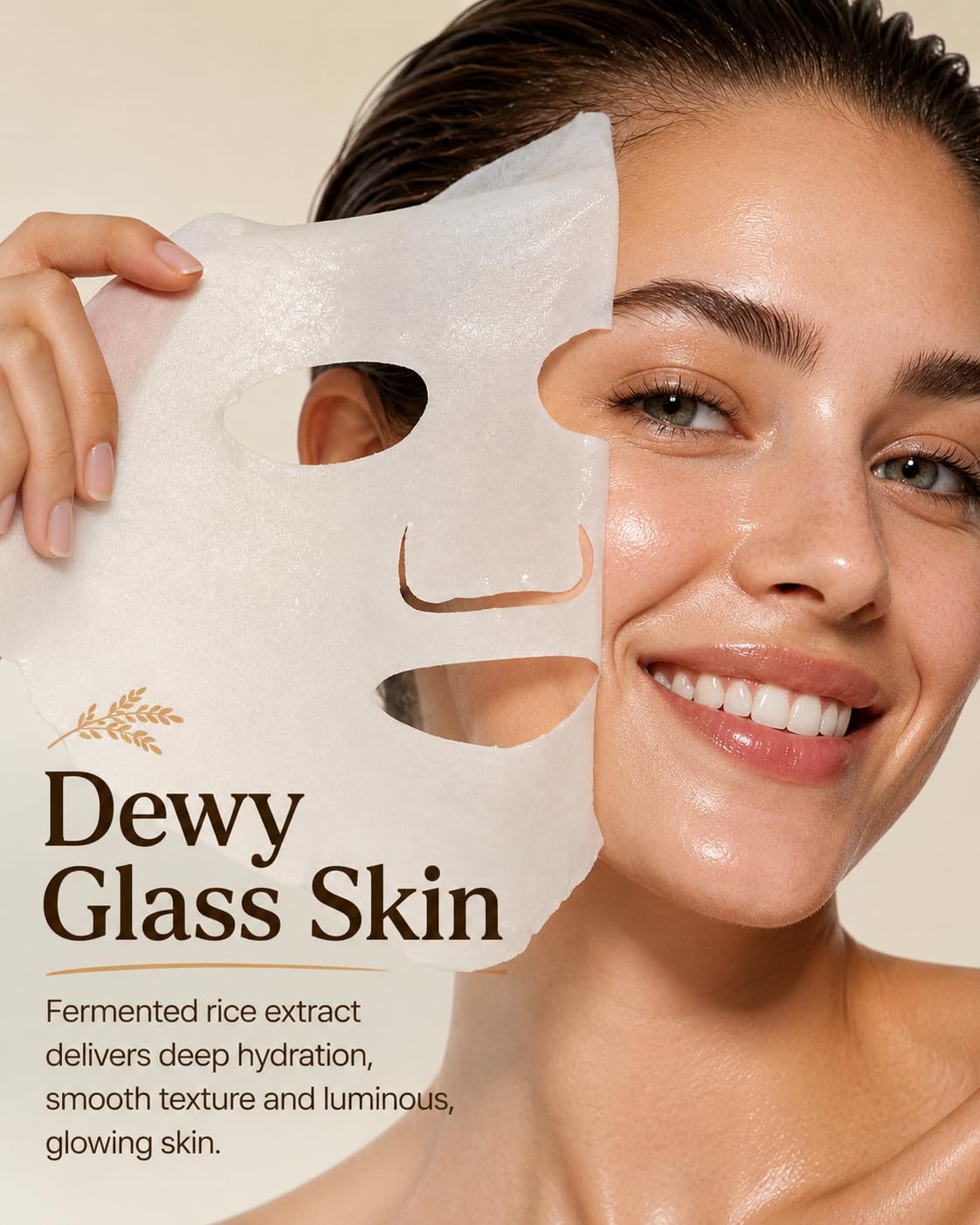 Wokatta Rice Face Mask Glass Skin, Fermented Rice Sheet Mask Pack of 5 for Radiant & Nourishing, Soothing, Smooth, Hydrating Face Masks for Dry Sensitive Skin, Gentle, Vegan Face Masks Skincare