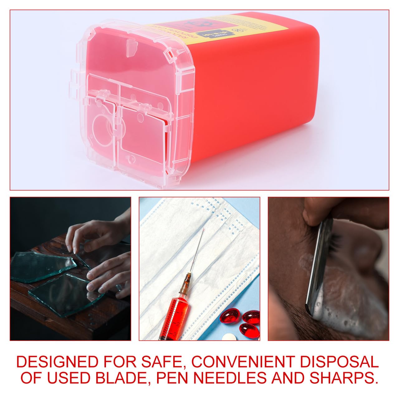 Minkissy Needle Disposal Containers Home, Razor Case Blade Recycling Box with Secure Lock Lid Compact Storage Container for Safe Used in Barbershop and Salon 6.06X3.74X3.74In