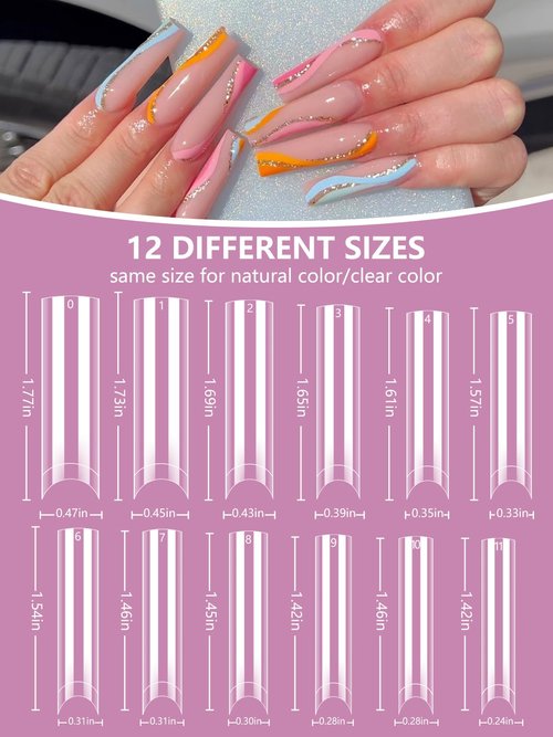 480PCS Extra Long C Curve Nail Tips and Glue, 2 Packs Natural and Clear Acrylic for Nails Professional Set, 12 Sizes Artificial Straight Square French False Nail Tips