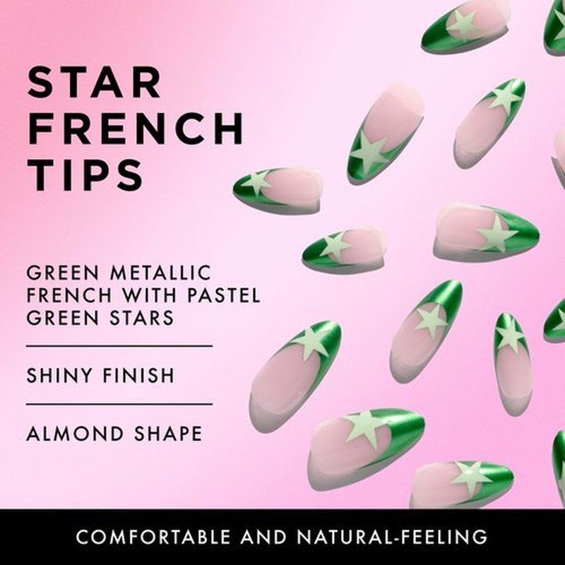 Lost Angels Gel Press On Nails - I Don’t Care - Green Metallic French Tip with Nail Art - Star Press On Nails Almond Medium Length - Easy Kit with Glue & Adhesive Tab - 30 Count, 15 Sizes