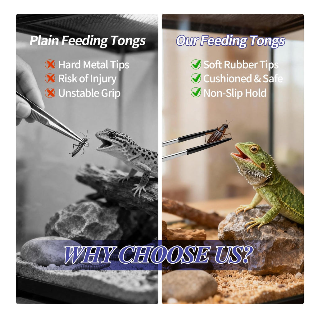 2PCS Reptile Feeding Tongs,10.6" Extra Long Stainless Steel Tweezers with Rubber Tips, Bearded Dragon Lizards Aquarium Straight and Curved Long Tweezers for Snake Feeding, Terrarium, Aquarium(Silver)