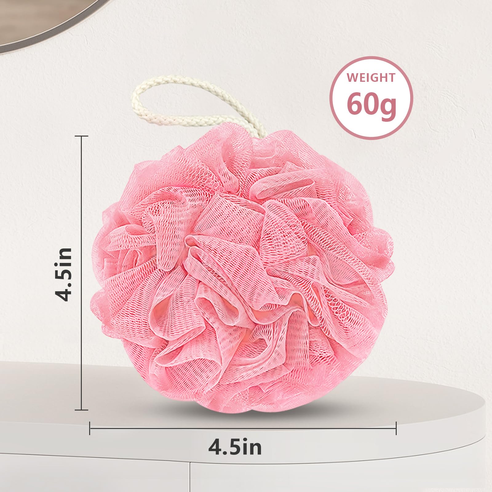 Rnoafmu Shower Loofah Bath Sponge, 60G Loofah Exfoliating Body Scrubber, 4 Color Mesh Shower Pouf Balls for Body Wash (Pink Green White Gray)