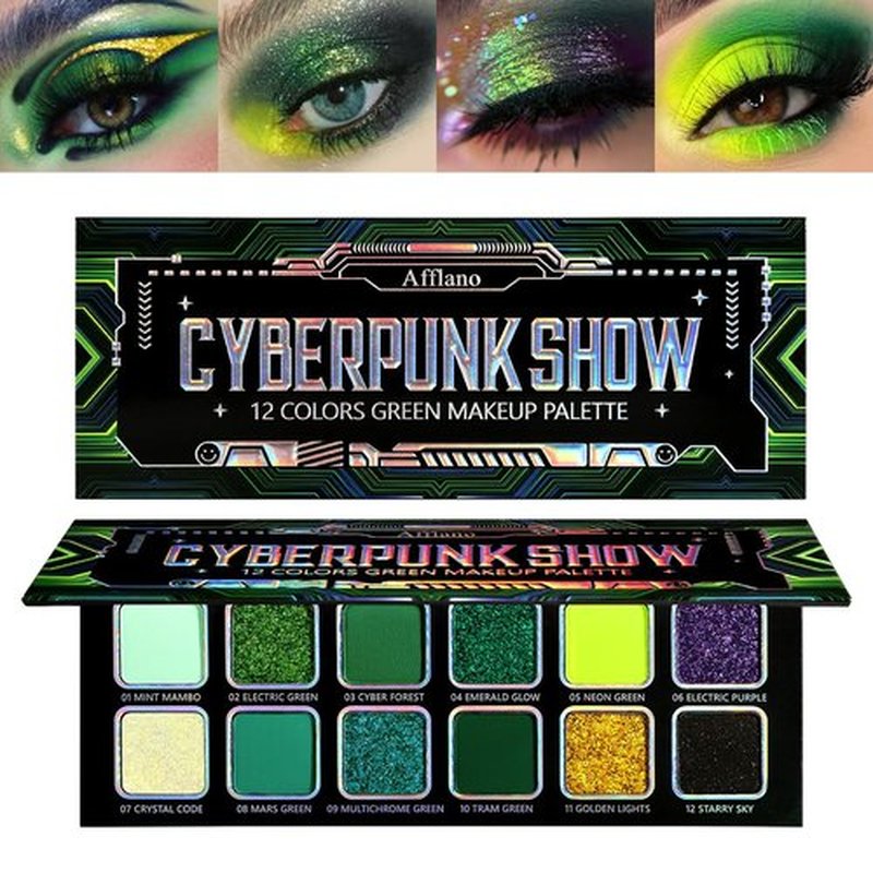 Afflano Multichrome Green Eyeshadow Palette, Color-Shifting Green Glitter Eyeshadow Pallet, Matte Chrome Eye Shadow Dark Forest green Makeup for Women Smokey Blue Brown Eyes Cosplay Party Daily Use