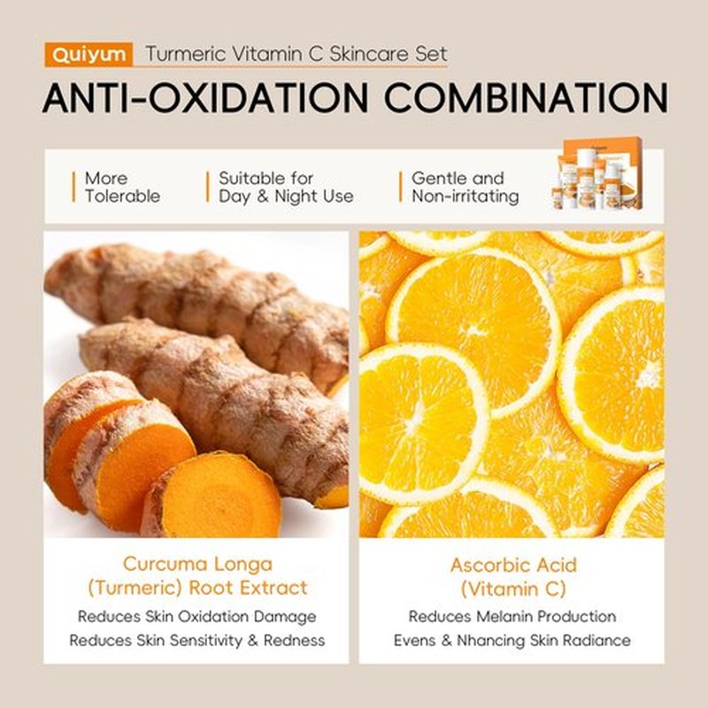 QUIYUM Skin Care Set, Turmeric Vitamin C Skincare Kits 5PCS - Beauty Facial Skin Care Routine Set Kit for Women, Dark Spot Remover for Face, Reduce Acne, Even Tone, Glow, Valentine's Day Birthday Gift