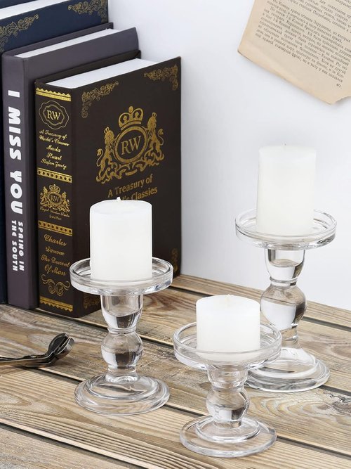 Lewondr Glass Candle Holders - Elegant 3-Piece Crystal Clear Set for Pillar & Taper Candles | Home Décor