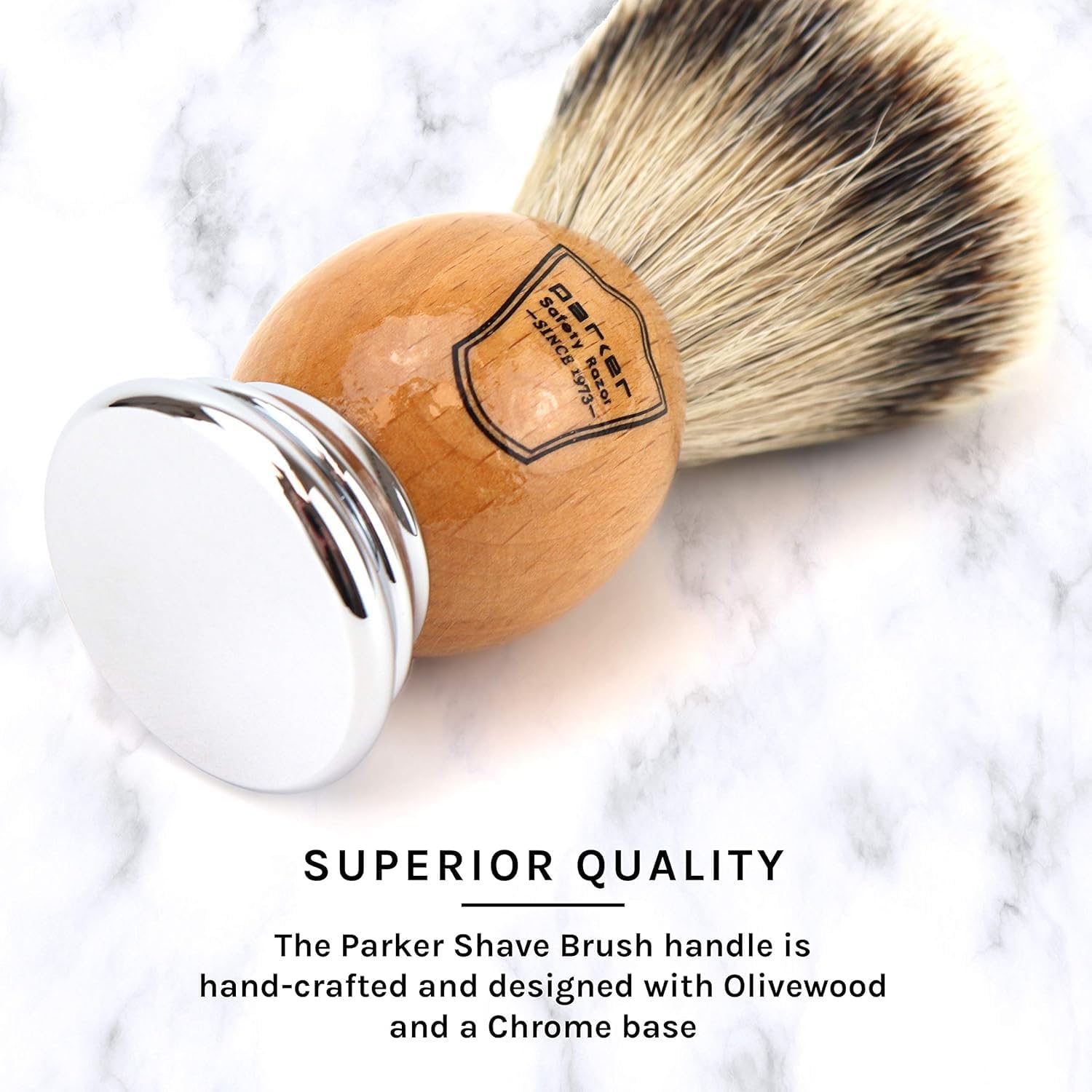 Parker 100% Silvertip Badger Shaving Brush – Olivewood Handle, Long‑Loft 22 mm Knot with Resin Stand – Super Soft Bristles for a Rich Lather for all Skin Types