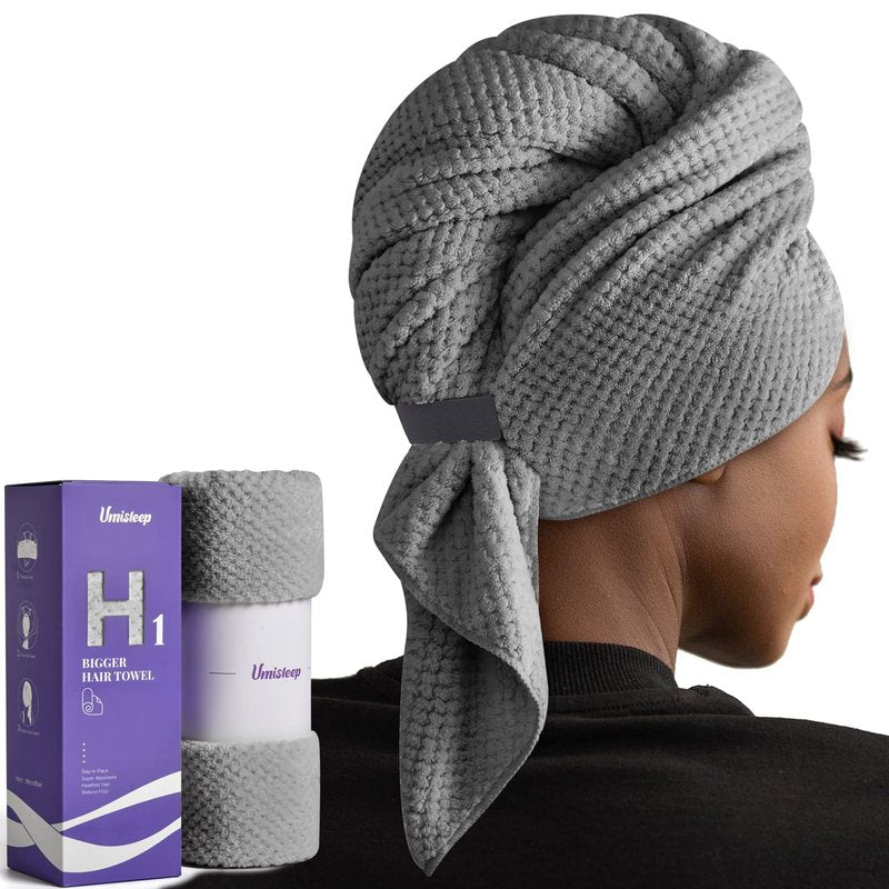 Umisleep Extra Large Microfiber Hair Towel - Super Soft Quick Dry Wrap for Long, Curly Hair | Grey