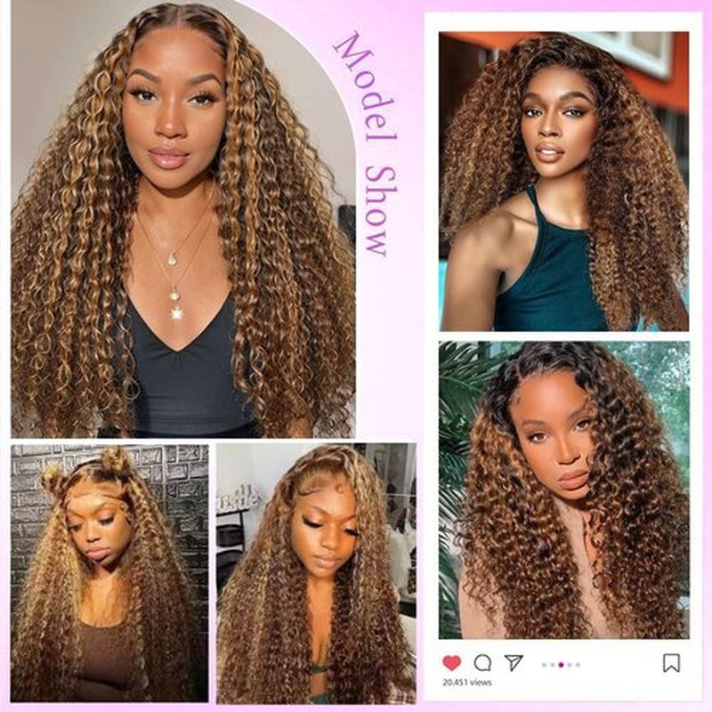 Cfaimity 13x6 Highlight Ombre Lace Front Wigs Human Hair P4/27 Honey Blonde Lace Frontal Wigs 180 Density Colored deep Curly HD Lace Front wigs Human Hair Wig Pre Plucked with Baby Hair 24Inch