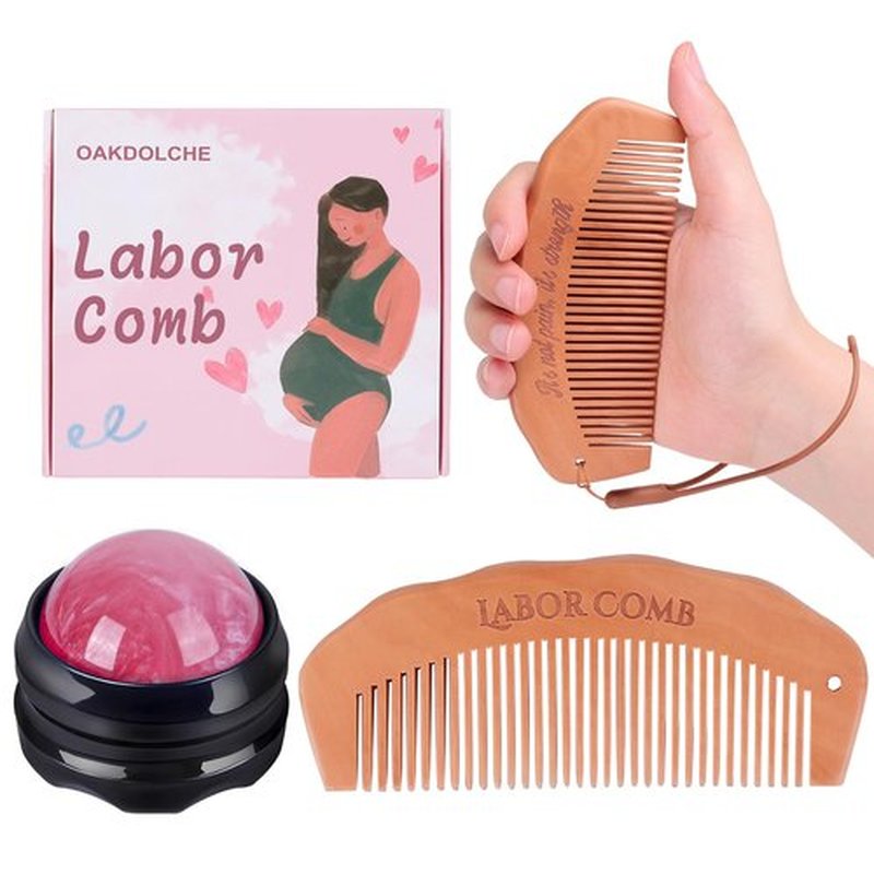 OAKDOLCHE Birth Comb & Massage Roller Ball Kit for Women Labor and Delivery Essentials, Wooden Labor Comb Pregnancy Must Haves, Designed for Expectant Moms