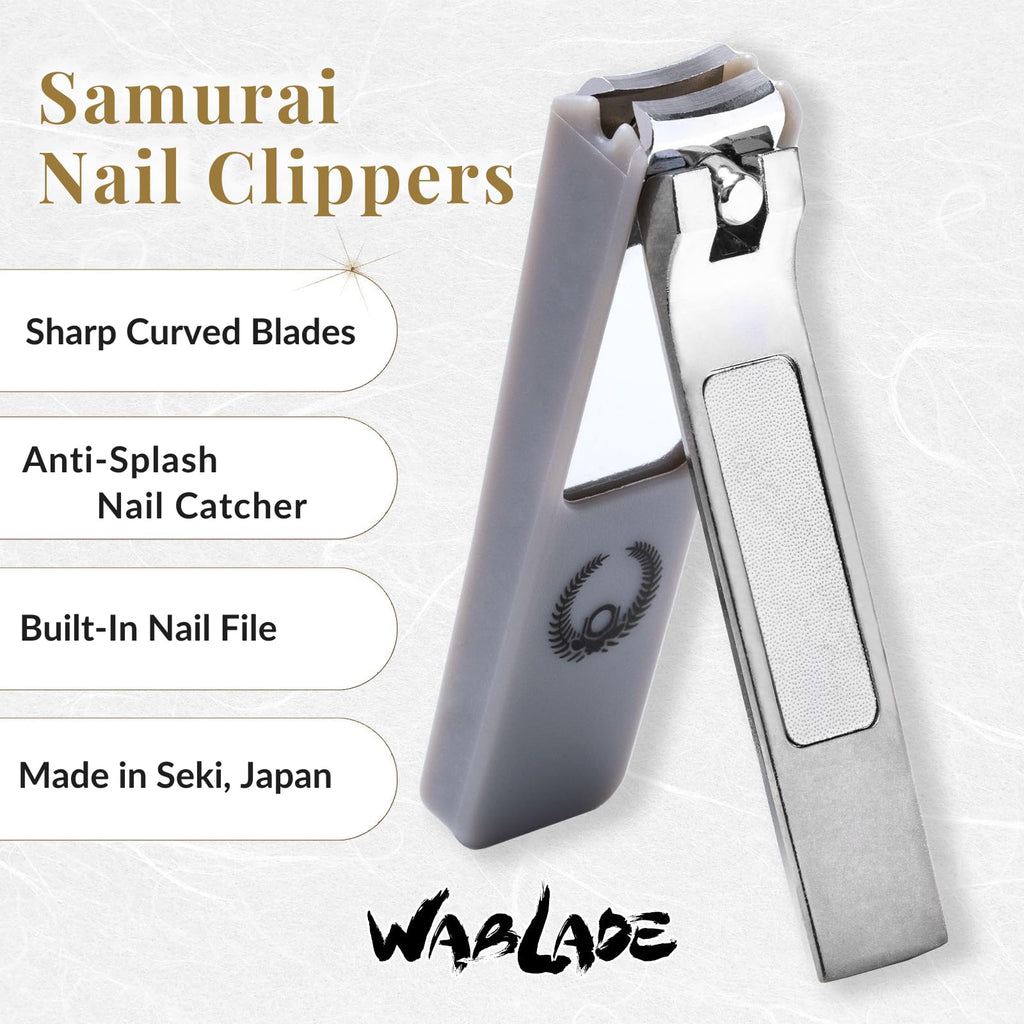 Wablade Nail Clipper with Curved Blade, Japanese Carbon Steel, Built-in Nail File, Splash-Resistant Catcher, Samurai-Inspired Design, Made in Seki Japan (Oda Nobunaga)