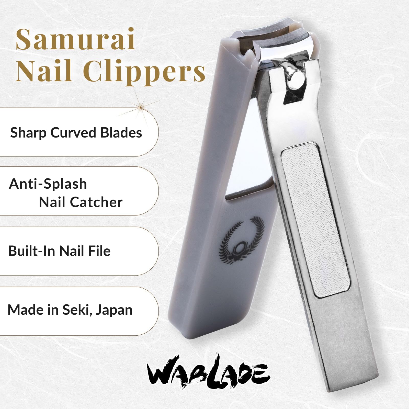 Wablade Nail Clipper with Curved Blade, Japanese Carbon Steel, Built-in Nail File, Splash-Resistant Catcher, Samurai-Inspired Design, Made in Seki Japan (Oda Nobunaga)