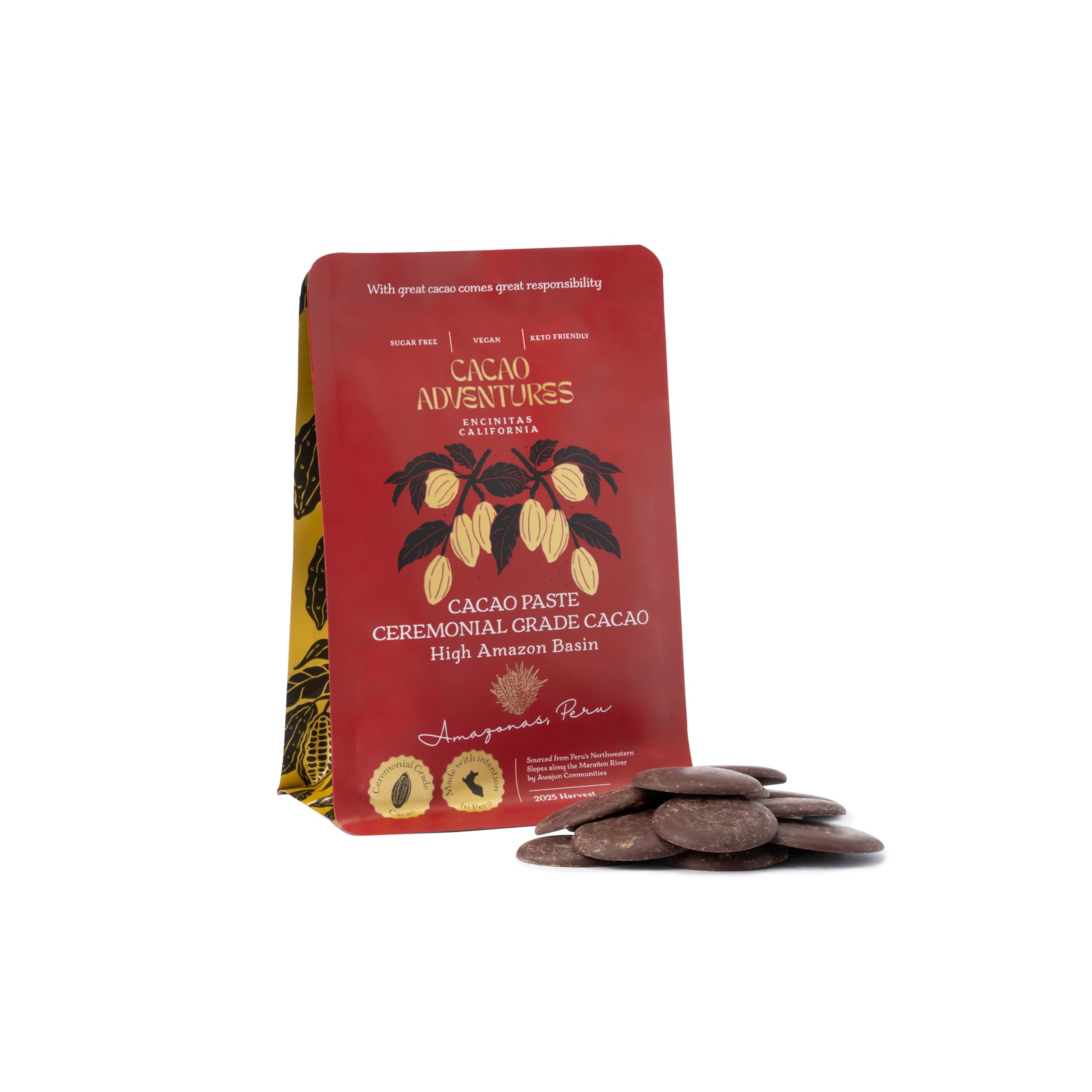 Cacao Adventures Ceremonial Grade Cacao | 100% Pure | Dairy Free & Vegan | Unsweetened | Ethically sourced and sustainably grown |Vegan Peruvian| 8 oz