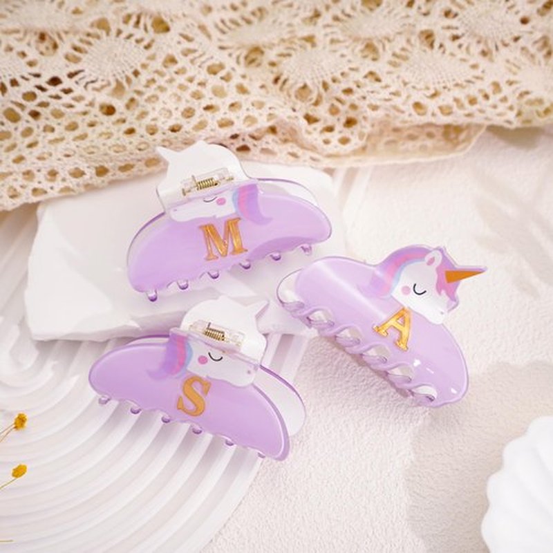 Fohufo Valentines Day Gifts for Girls - Cute Initial Unicorn Hair Clips, Purple Claw Clips Durable Hair Clip, Unicorn Gifts for Girl 6-12 Year Old Girl Brithday Gift, Letter A
