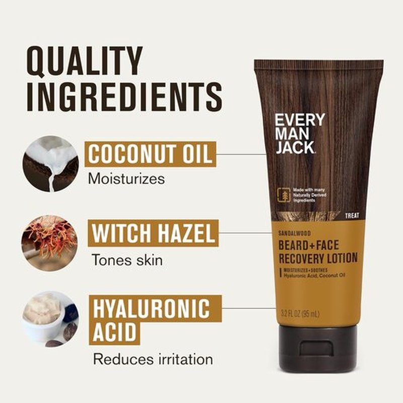 Every Man Jack Beard & Face Recovery Lotion - Moisturizes Dry Skin & Relieves Itch - Light Sandalwood Scent - 3.2oz (2 Pack)